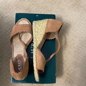 Ralph Lauren sandals size 8 tan suede in original box 2-1/2 “ heel